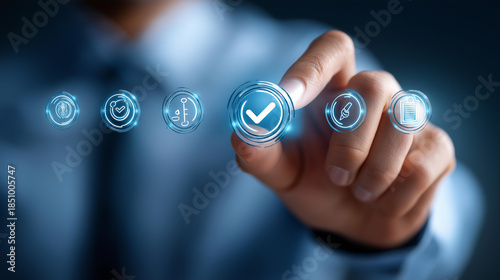 ISO certification compliance icons, businessman hand visible, quality framework display, corporate standards visualization, professional excellence concept, with copy space