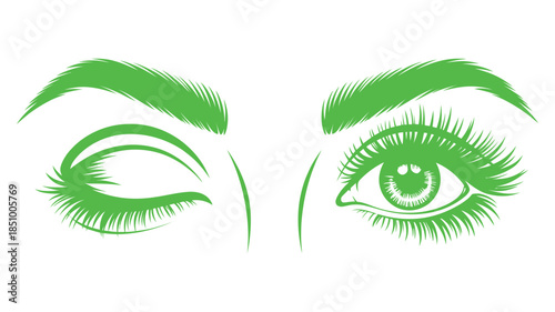 A playful wink illustration featuring a pair of eyes with one eye closed and long lashes in green