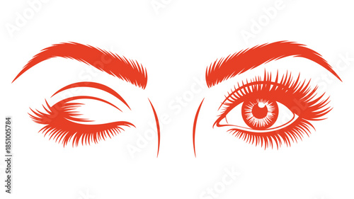A stylish red vector illustration capturing a winking eye and an open eye