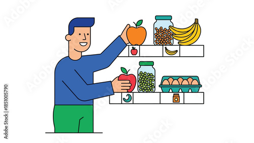 Man reaching for fresh fruit on a shelf.