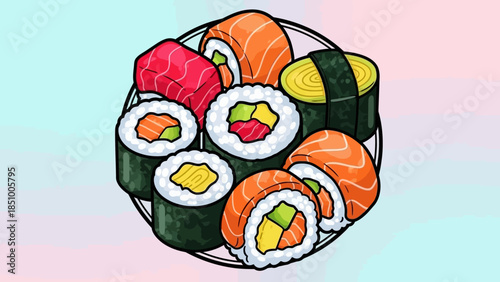 Colorful Sushi Plate Illustration with Various Sushi Rolls.