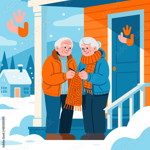 Smiling senior couple, warm mood, receiving knitted winter scarf as charitable gift on snowy suburban front porch, social services and charity for people words concept