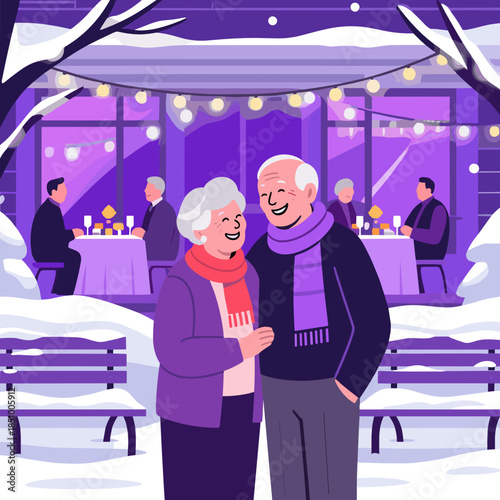 Joyful senior couple, romantic mood, enjoying winter evening date in snowy park near festive outdoor restaurant with glowing string lights in background