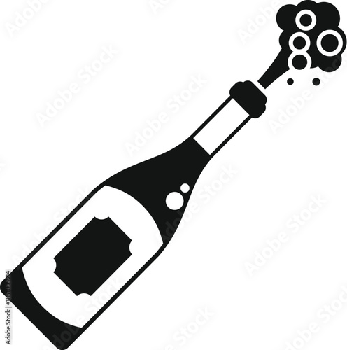 Champagne bottle icon popping cork and bursting bubbles, symbolizing celebrations and success
