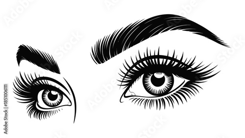 Detailed vector illustration of beautiful female eyes with eyelashes and eyebrows.