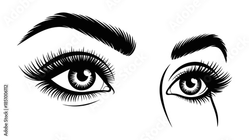 A pair of stylized dramatic female eyes illustration with thick eyelashes and bold eyebrows