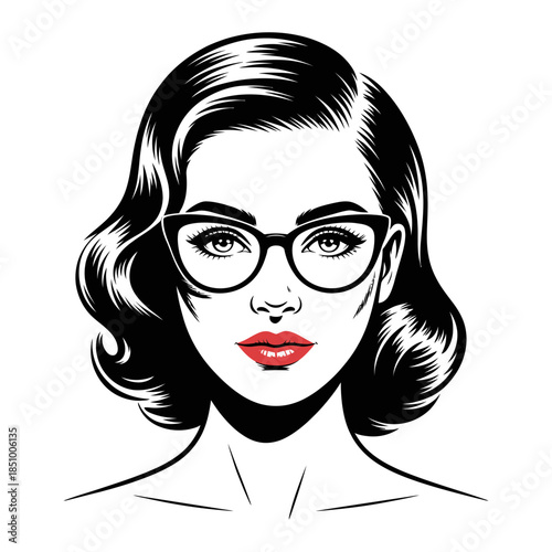 Stylish vintage woman with cat-eye glasses and red lipstick illustration