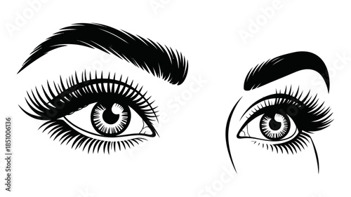 Stylish black and white vector illustration of beautiful female eyes with long eyelashes