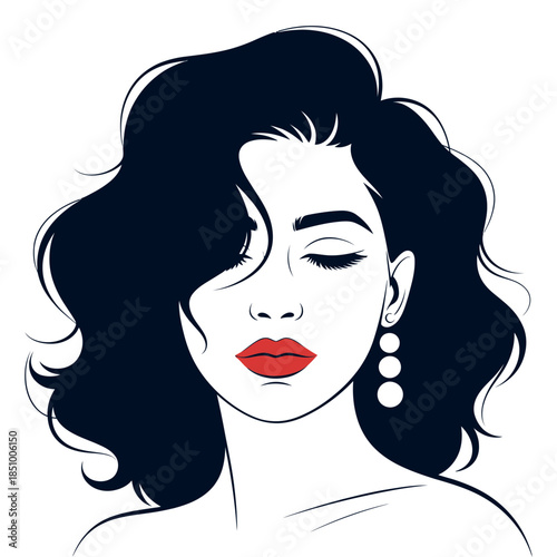 Serene and stylish illustration of a woman featuring voluminous dark hair and bold red lipstick