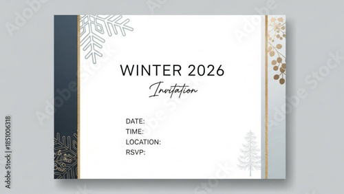 Elegant winter 2026 invitation card with snowflakes and gold accents on white background