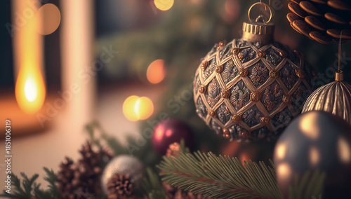 Decorated Christmas tree in the home interior. Christmas balls and lights. Festive holiday illustration. Generative AI	
