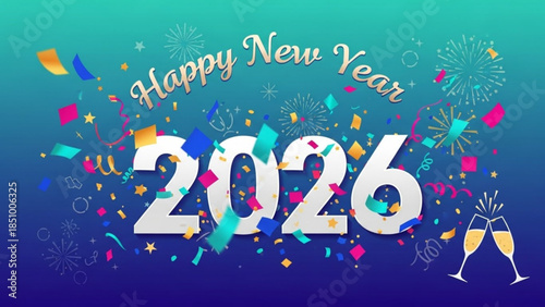 Happy new year 2026 celebration with colorful confetti and champagne