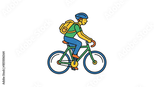 Man riding a bicycle with a backpack on his back.
