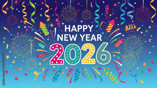 Vibrant happy new year 2026 celebration background with fireworks, colorful confetti, and party