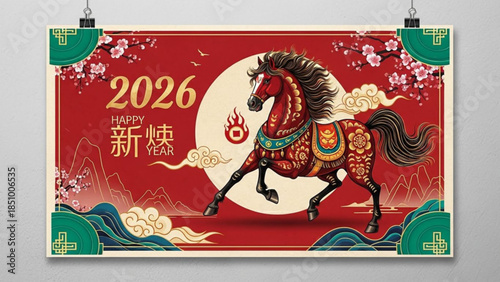 2026 happy new year poster with horse, chinese character, red background and moon
