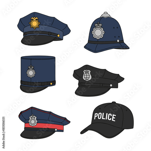 Various police hats and caps representing law enforcement