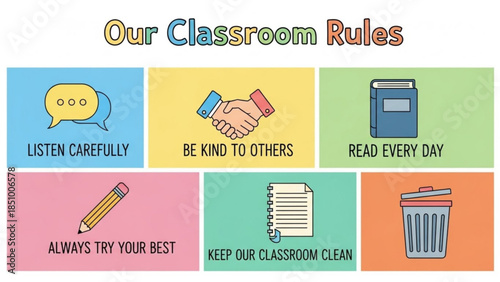 Classroom rules poster with six colorful squares and illustrations for kids, promoting good behavior