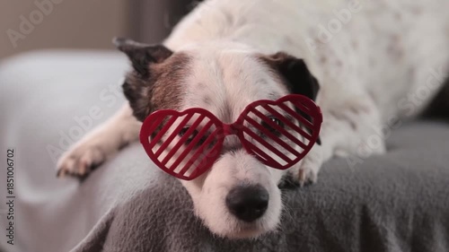 A beautiful dog in heart-shaped glasses lies on the bed and is sad. Valentine's day concept