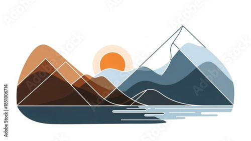 Geometric mountains and water with sunset in stylized abstract landscape