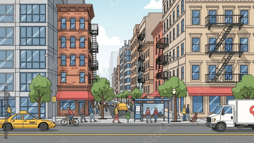 Vibrant city street scene with tall buildings, busy sidewalk, and vehicles, daytime