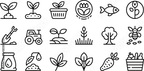 Agriculture and Nature Icons Seedling Tractor Tree Bee Carrot