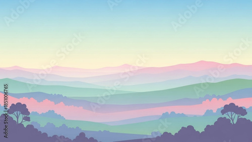 Serene landscape with rolling hills trees and pastel colored sky at sunrise or sunset
