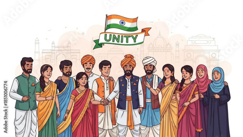Diverse group of people in traditional indian clothing standing united with india flag and banner