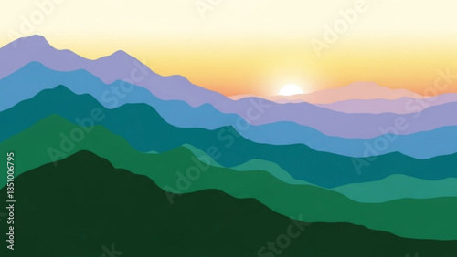Vibrant mountain range landscape with colorful hills at sunset, serene natural scenery with warm