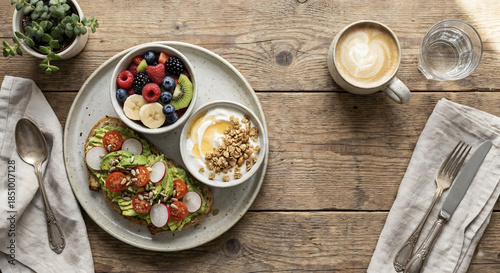 真上から撮影したヘルシーな朝食プレートとコーヒー（フラットレイ）