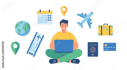 Man planning global vacation online using laptop