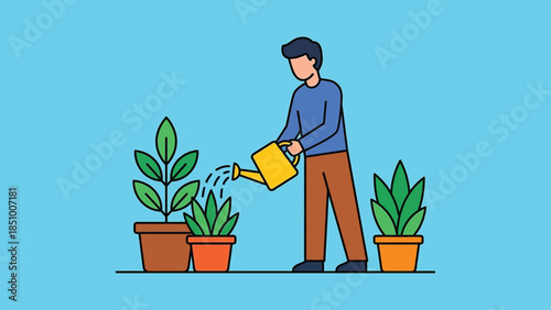 Man watering plants in pots with a watering can.