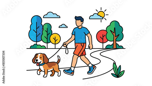 Man walking his happy dog in a park.