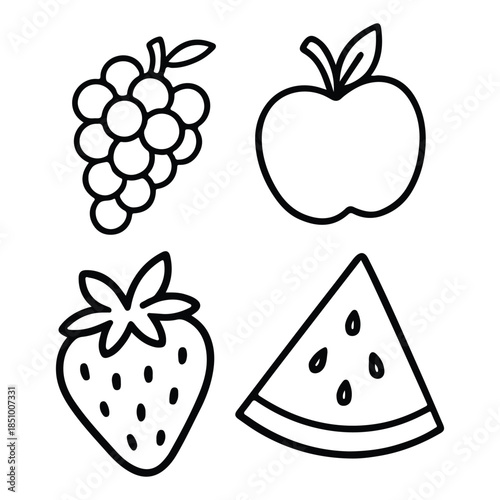 Cute fruit illustrations including grapes, apple, strawberry, and watermelon slice. Bold clean outlines, simple and playful style, perfect for kids coloring books.