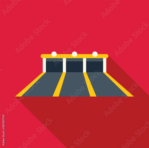 Race track starting line with three lanes, a gate, and lights on a red background