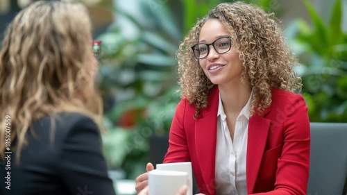 Woman in red blazer smiling at a colleague.