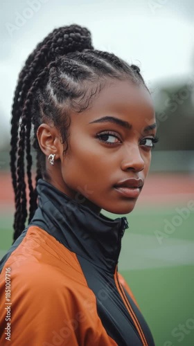 Athletic woman with braids, wearing a black jacket, poised and determined, suitable for a mobile wallpaper.