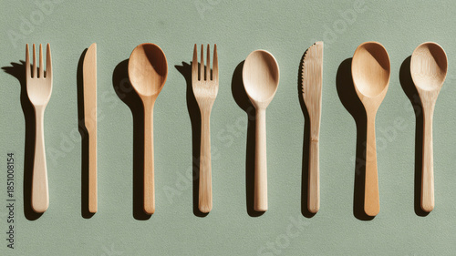 A neat set of wooden utensils on a green surface