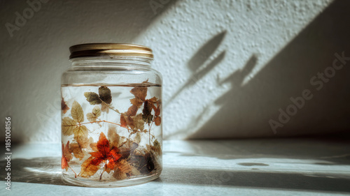 A jar of flowers in water under sunlight