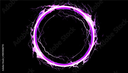 Futuristic electric lightning portal isolated on transparent background, purple and white neon plasma energy ring, dynamic power surge circle SVG