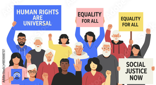 Diverse group of people advocating for human rights, equality, and social justice, holding protest signs with powerful messages.