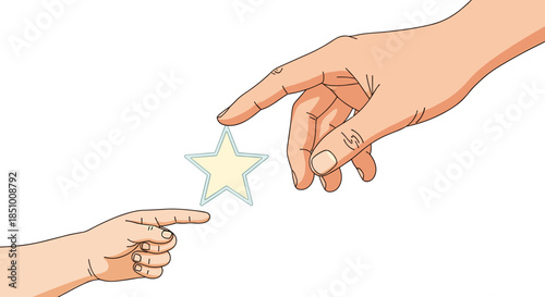 A tender moment captured as a large adult hand gently offers a shining star to a small child's reaching finger, symbolizing guidance and hope.