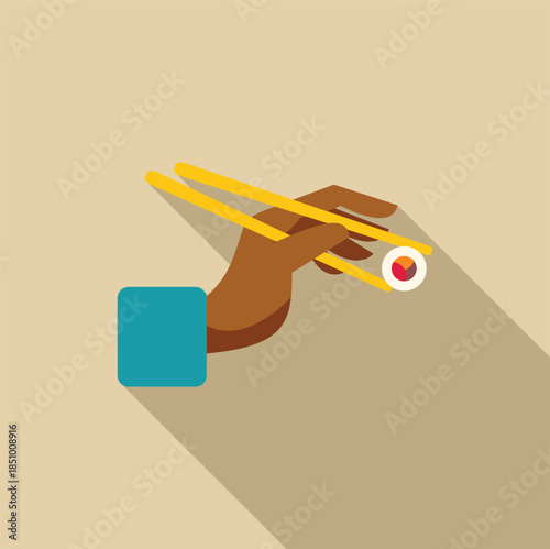 Hand holding a sushi roll using yellow chopsticks against a brown background