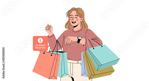 A smiling young woman with shopping bags happily checks her smartwatch after receiving a payment notification, showcasing modern retail convenience.