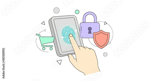 A hand interacts with a smartphone displaying a fingerprint, surrounded by icons representing secure online shopping and digital protection.