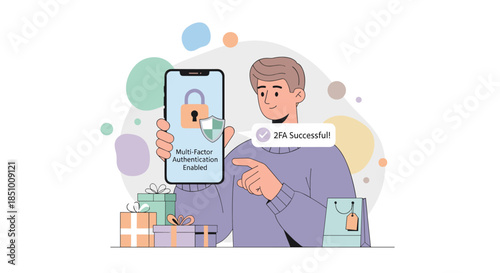 A young man confidently enables multi-factor authentication on his smartphone, enhancing online security for digital shopping and personal data.