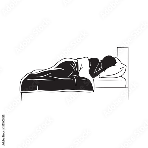 Man sleeping in comfortable bed.
Silhouette of person sleeping peacefully.
Resting man in bed silhouette.