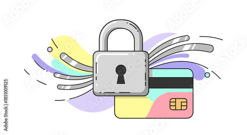 A vibrant, abstract illustration depicts a secure padlock safeguarding a credit card, symbolizing robust financial data protection and online transaction security.