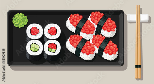 Flat lay of assorted sushi rolls on a black plate with chopsticks and wasabi on a beige background.