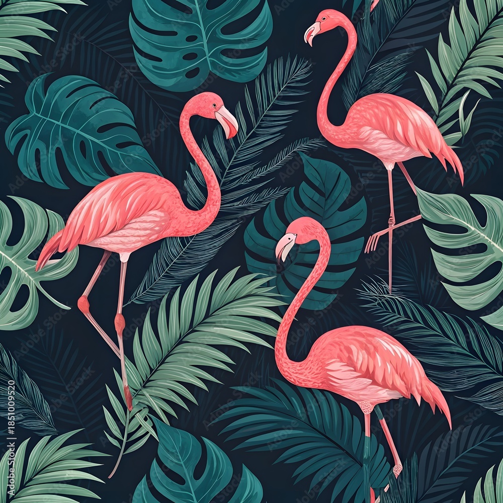 Naklejka premium Tropical seamless pattern with pink flamingos and green leaves on a dark background