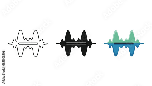 Set of three audio waveform icons, outline, solid black and color fill, representing sound frequency and voice recording data